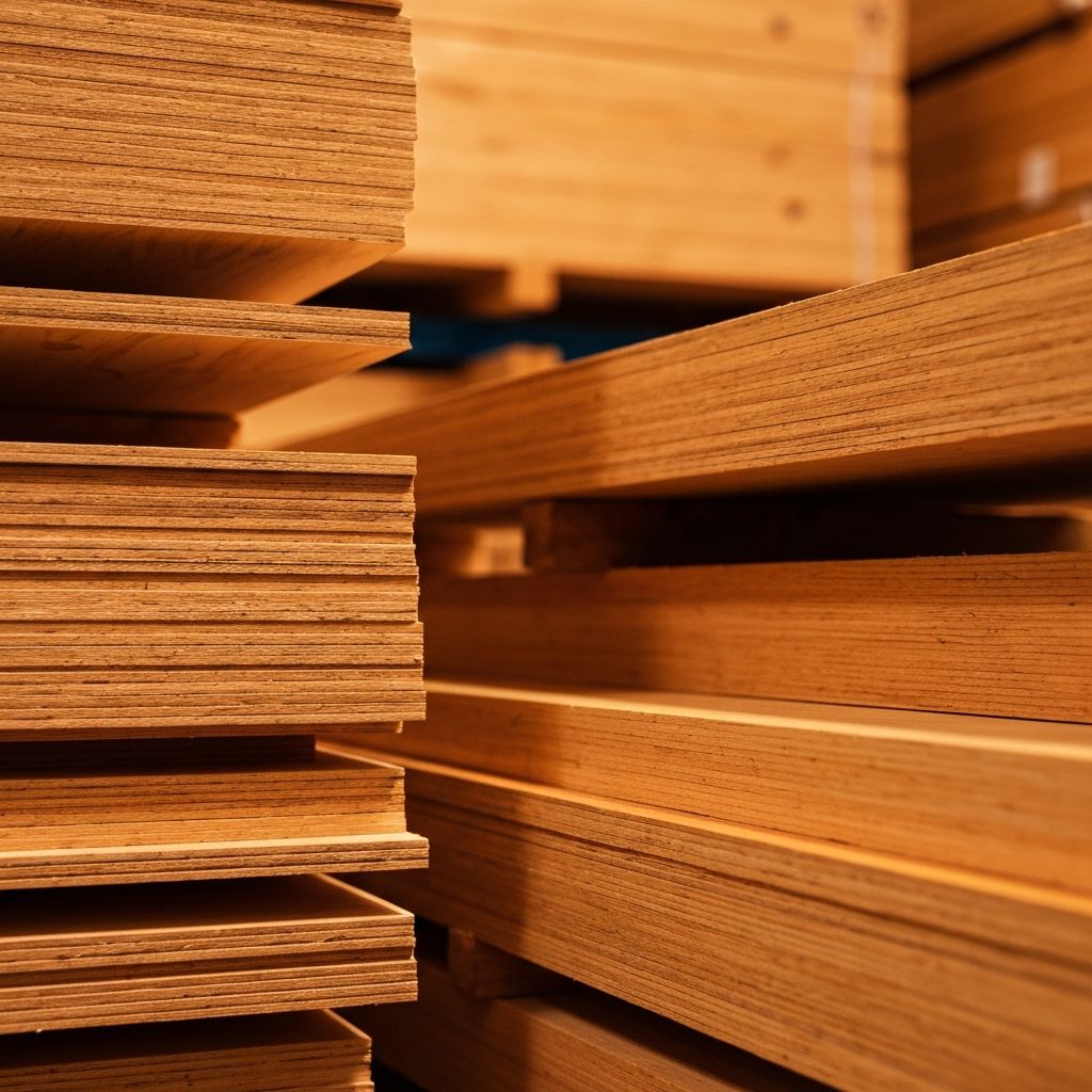 Stacked plywood sheets in warehouse